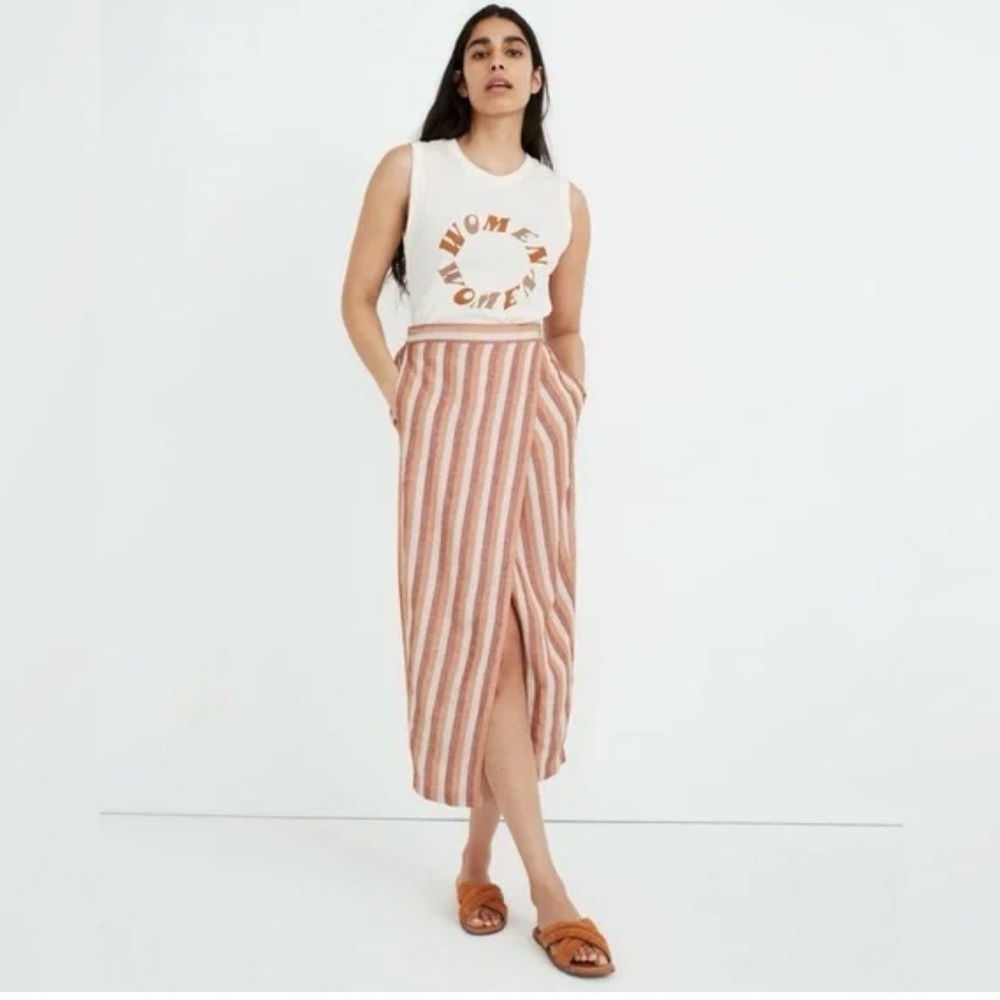 Striped Pink & Cream Midi Skirt with Front Slit